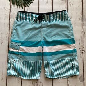 O'Neill Swim Trunks Teal Green & White Striped Size 32